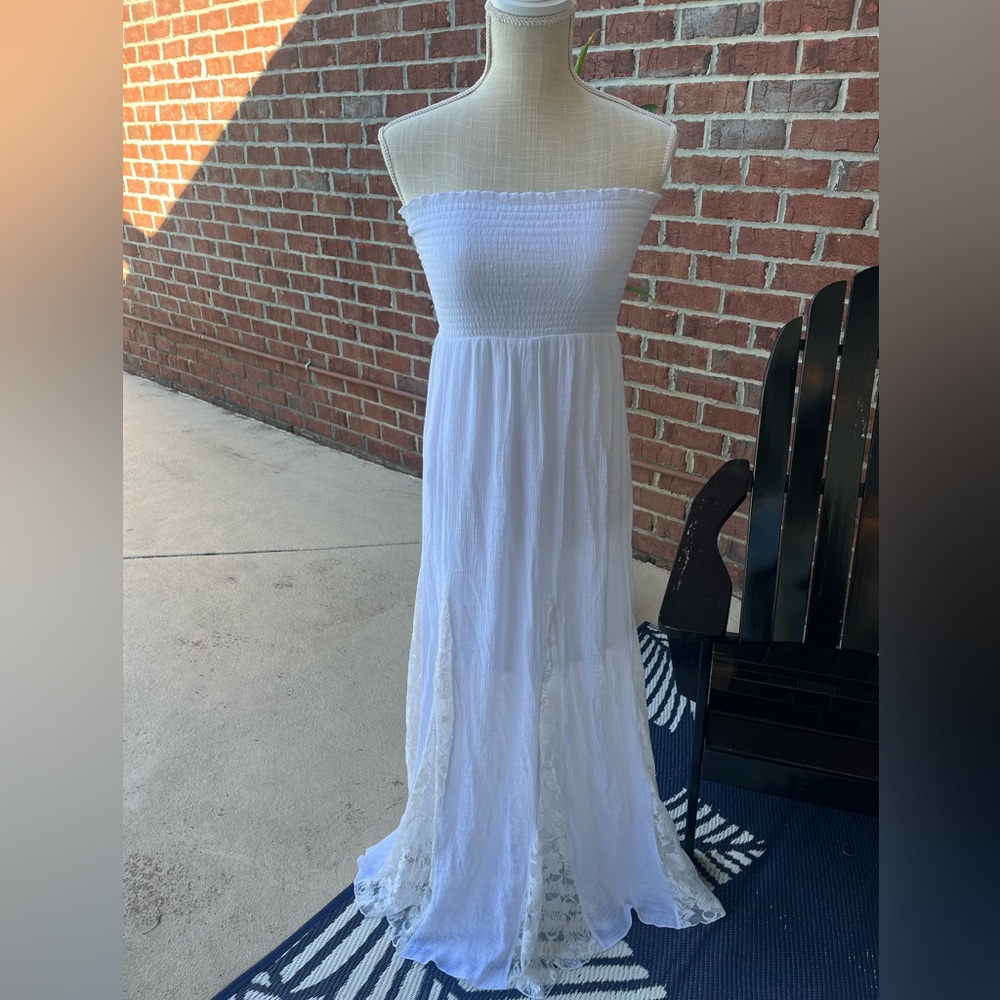 White Strapless Maxi Dress with Lace